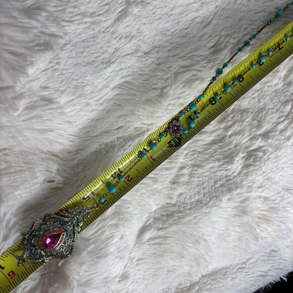 Betsey Johnson Necklace Bohemian-Style Crystal Rhinestone Peacock Feather Beaded - Picture 9 of 9